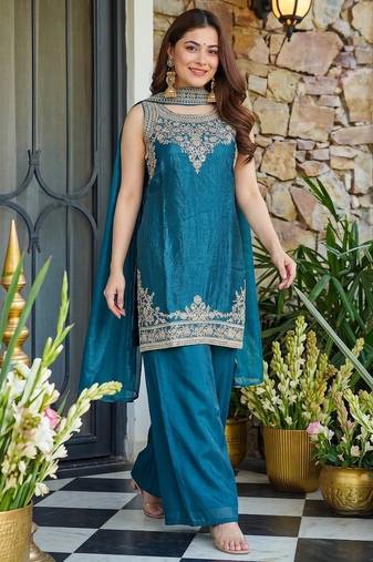 Teal blue fendy satin embroidered kurta sharara set with fendy satin dupatta
