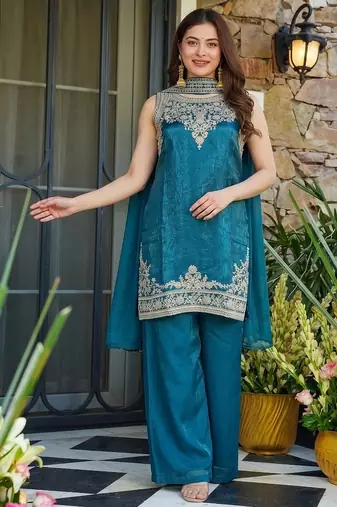 Teal blue fendy satin embroidered kurta sharara set with fendy satin dupatta