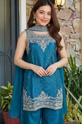 Teal blue fendy satin embroidered kurta sharara set with fendy satin dupatta