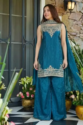 Teal blue fendy satin embroidered kurta sharara set with fendy satin dupatta