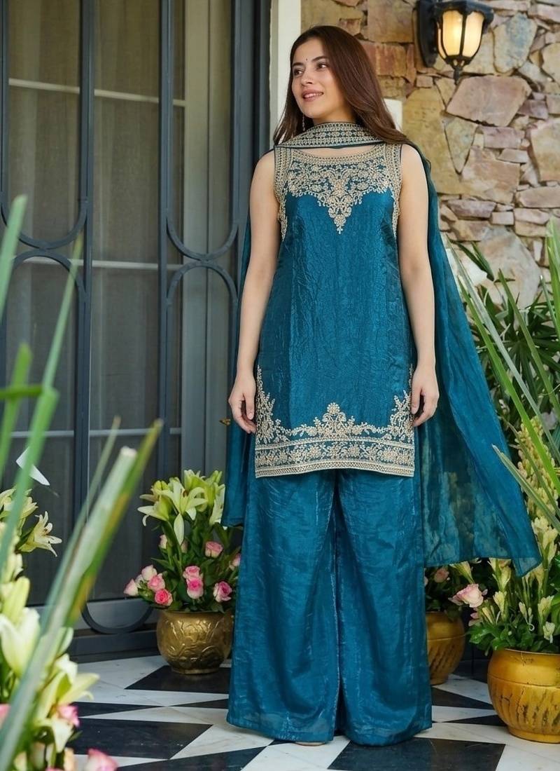 Teal blue fendy satin embroidered kurta sharara set with fendy satin dupatta
