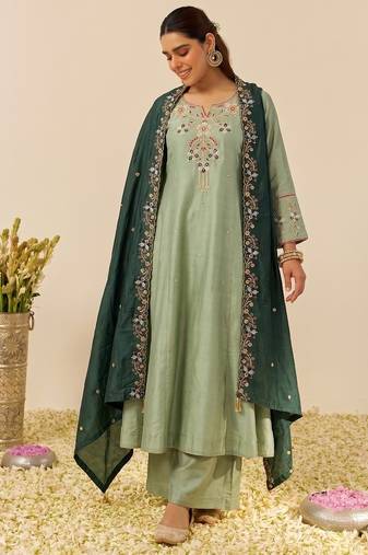 Pista shimmer silk embroidered kurta plaza set with cotton chanderi dupatta