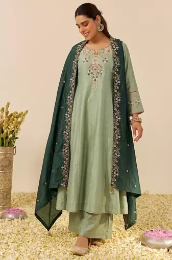 Pista shimmer silk embroidered kurta plaza set with cotton chanderi dupatta