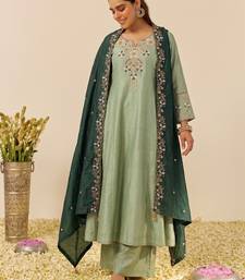 Pista shimmer silk embroidered kurta plaza set with cotton chanderi dupatta