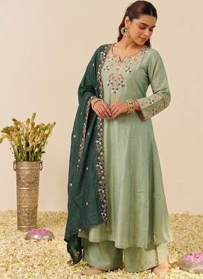 Pista shimmer silk embroidered kurta plaza set with cotton chanderi dupatta 3