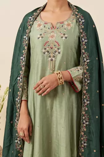 Pista shimmer silk embroidered kurta plaza set with cotton chanderi dupatta