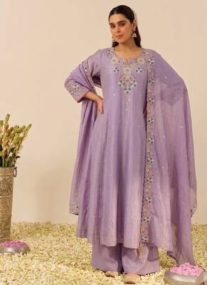 Lavender shimmer silk blend embroidered kurta palazzo set with cotton chanderi dupatta 1