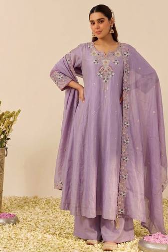 Lavender shimmer silk blend embroidered kurta palazzo set with cotton chanderi dupatta