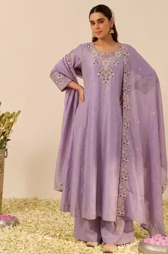 Lavender shimmer silk blend embroidered kurta palazzo set with cotton chanderi dupatta