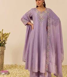 Lavender shimmer silk blend embroidered kurta palazzo set with cotton chanderi dupatta
