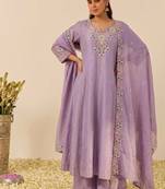 Lavender shimmer silk blend embroidered kurta palazzo set with cotton chanderi dupatta