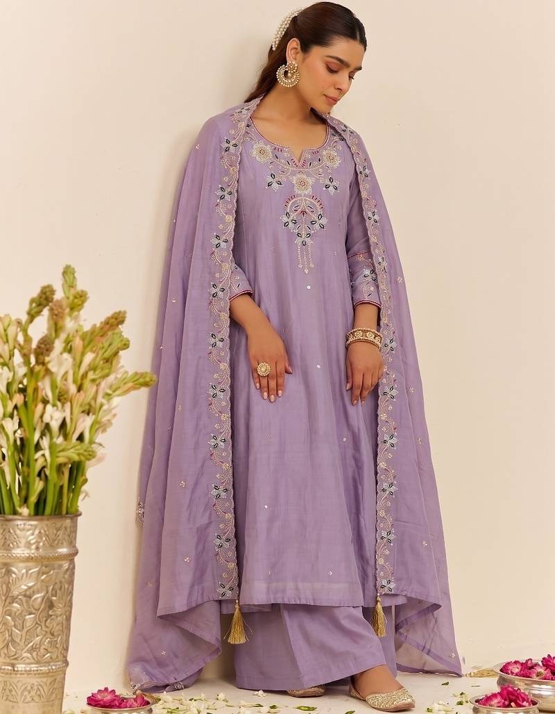 Lavender shimmer silk blend embroidered kurta palazzo set with cotton chanderi dupatta