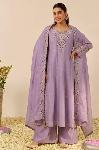 Lavender shimmer silk blend embroidered kurta palazzo set with cotton chanderi dupatta