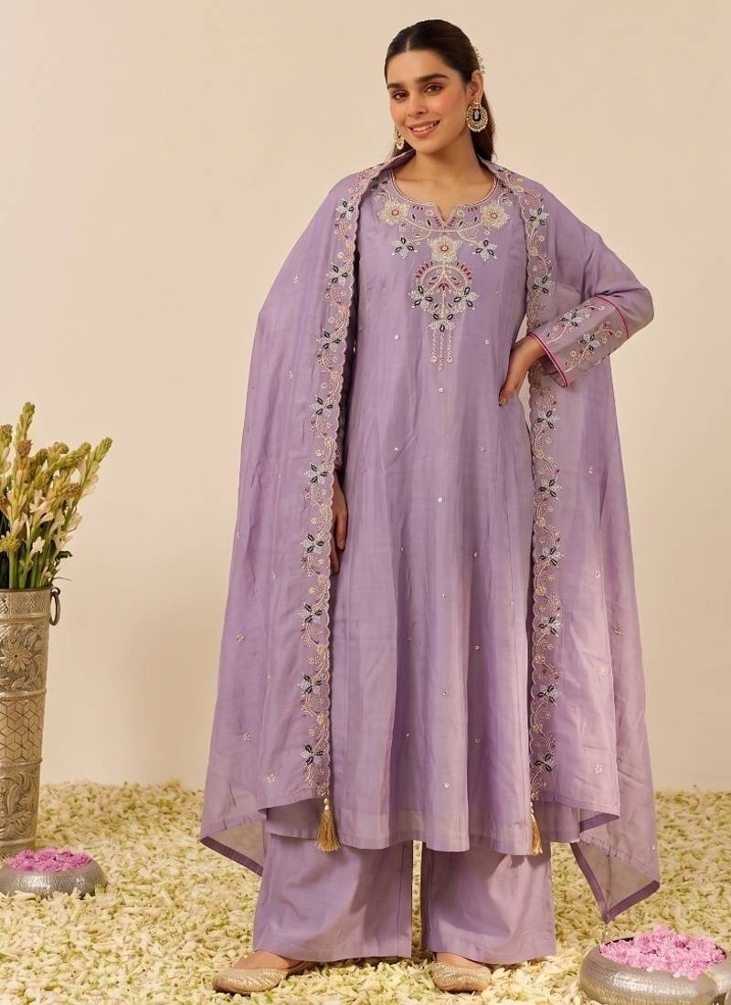 Lavender shimmer silk blend embroidered kurta palazzo set with cotton chanderi dupatta