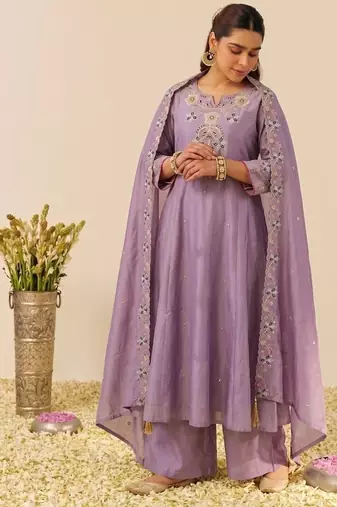 Lavender shimmer silk blend embroidered kurta palazzo set with cotton chanderi dupatta
