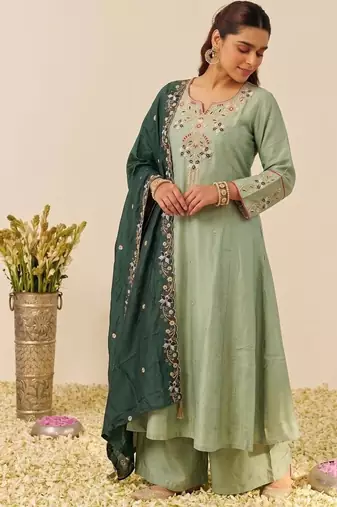 Pista shimmer silk embroidered kurta plaza set with cotton chanderi dupatta