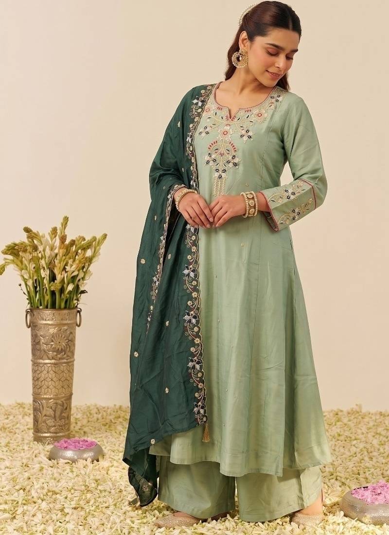 Pista shimmer silk embroidered kurta plaza set with cotton chanderi dupatta