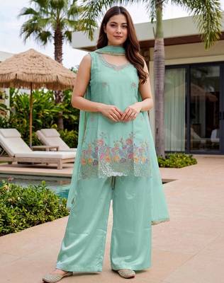 Seagreen french crepe embroidered kurta palazzo set with chinon silk blend dupatta 1