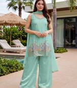 Seagreen french crepe embroidered kurta palazzo set with chinon silk blend dupatta