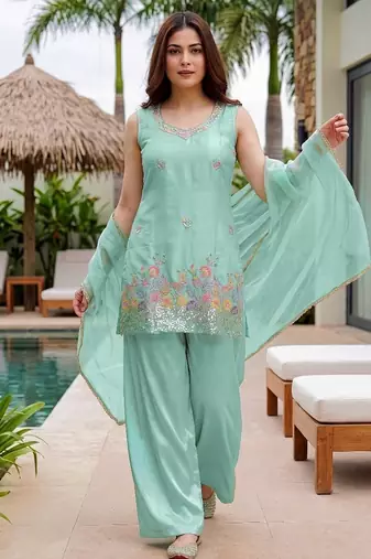 Seagreen french crepe embroidered kurta palazzo set with chinon silk blend dupatta