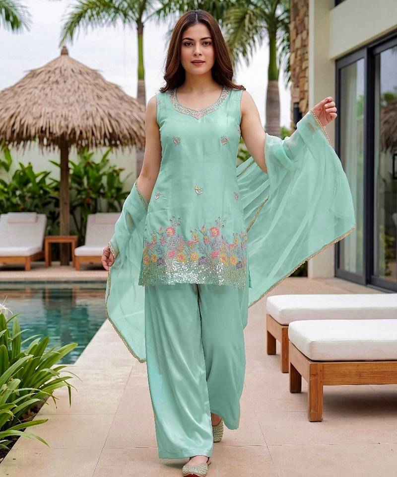 Seagreen french crepe embroidered kurta palazzo set with chinon silk blend dupatta