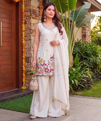 Offwhite french crepe embroidered & beads work kurta sharara set with chinon silk blend lace dupatta 1