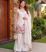 Offwhite french crepe embroidered & beads work kurta sharara set with chinon silk blend lace dupatta
