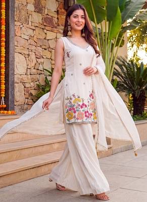 Offwhite french crepe embroidered & beads work kurta sharara set with chinon silk blend lace dupatta 2