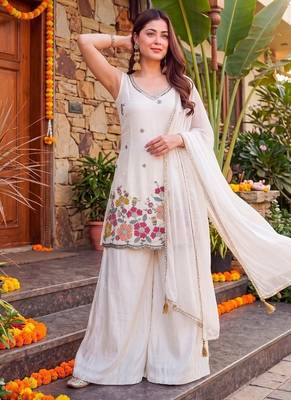 Offwhite french crepe embroidered & beads work kurta sharara set with chinon silk blend lace dupatta 3