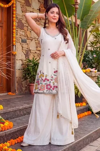 Offwhite french crepe embroidered & beads work kurta sharara set with chinon silk blend lace dupatta