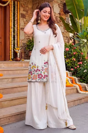 Offwhite french crepe embroidered & beads work kurta sharara set with chinon silk blend lace dupatta