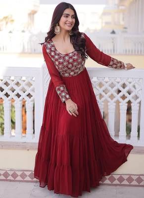 Maroon color faux georgette embroidered gown 1