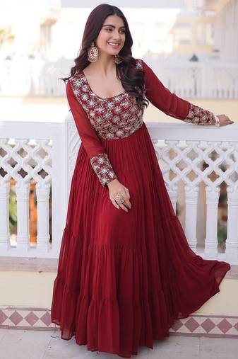 Maroon color faux georgette embroidered gown