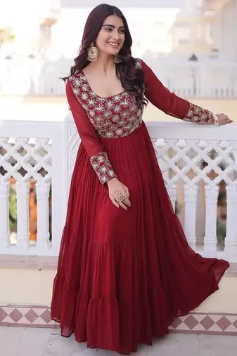 Maroon color faux georgette embroidered gown