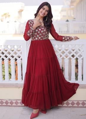 Maroon color faux georgette embroidered gown 2