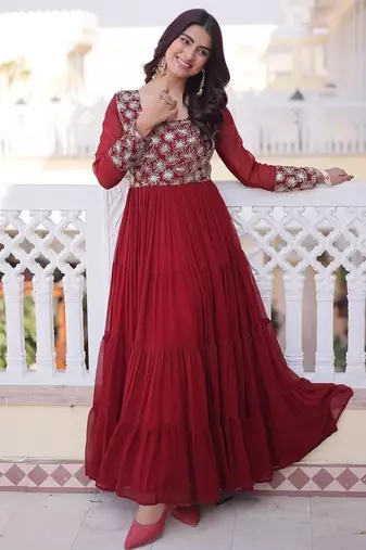 Maroon color faux georgette embroidered gown