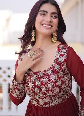 Maroon color faux georgette embroidered gown 3