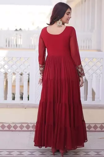 Maroon color faux georgette embroidered gown