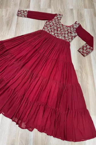 Maroon color faux georgette embroidered gown