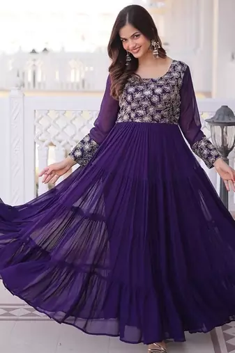 Purple color faux georgette embroidered gown