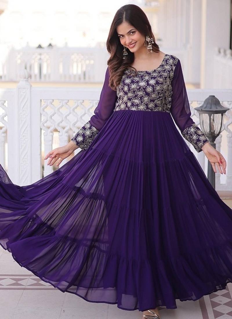 Purple color faux georgette embroidered gown