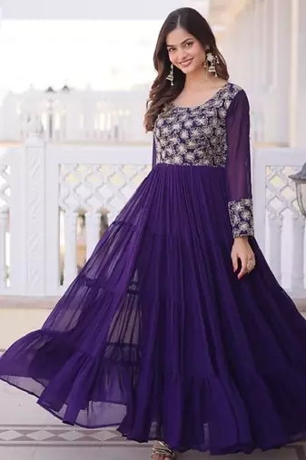 Purple color faux georgette embroidered gown