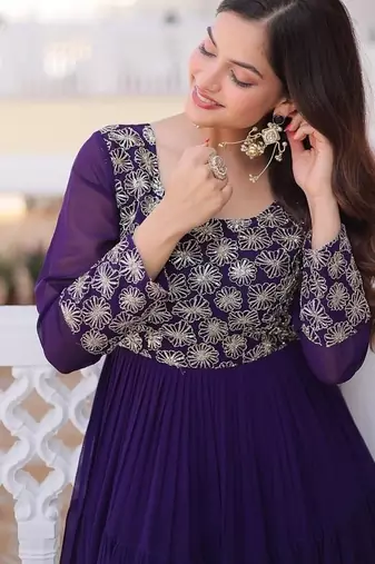 Purple color faux georgette embroidered gown