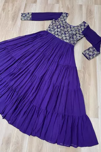 Purple color faux georgette embroidered gown
