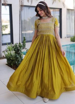 Mehendi color fancy fabric embroidered work readymade gown 1
