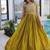 Mehendi color fancy fabric embroidered work readymade gown