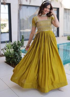 Mehendi color fancy fabric embroidered work readymade gown 2
