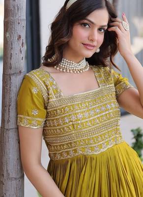 Mehendi color fancy fabric embroidered work readymade gown 3