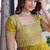 Mehendi color fancy fabric embroidered work readymade gown