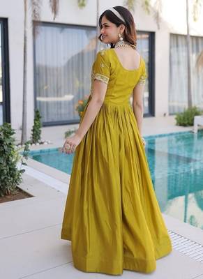 Mehendi color fancy fabric embroidered work readymade gown 4